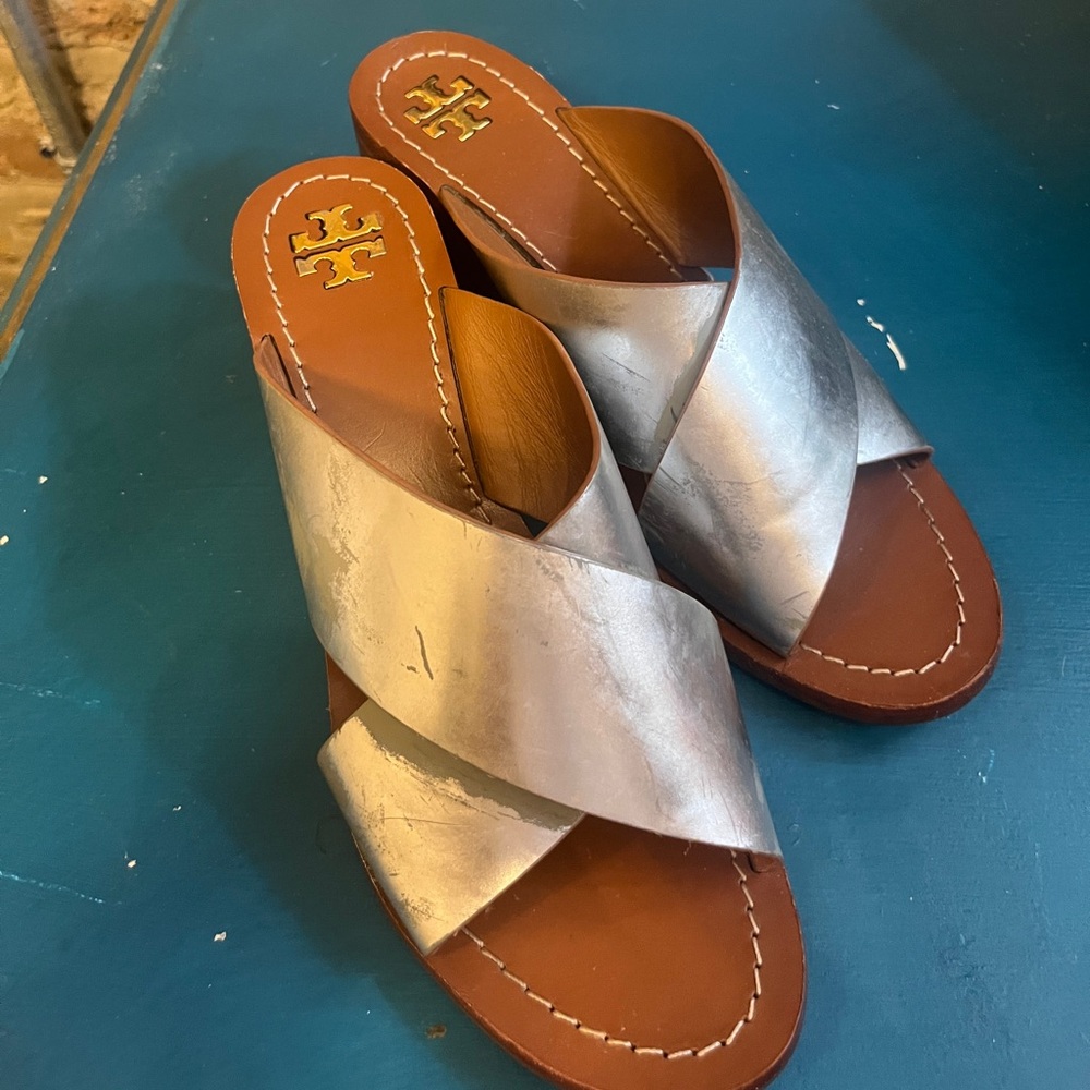 Tory Burch Montrose Stacked Block Heel Silver Metallic Leather